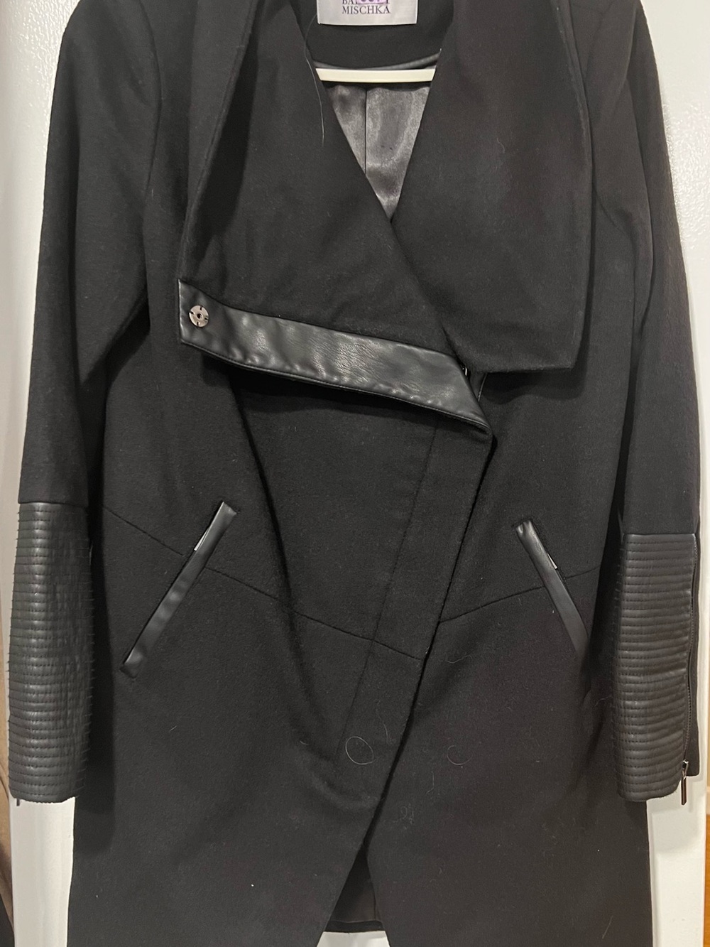 Badgley Mischka Black Pea Coat with Faux-Leather Trim